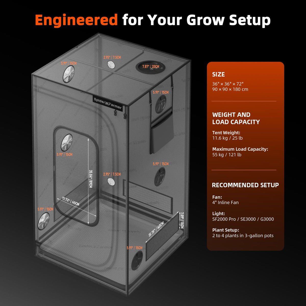Spider Farmer Mater Series 4.6x2.3 Grow Tent 55"x28"x80" for Indoor Growing