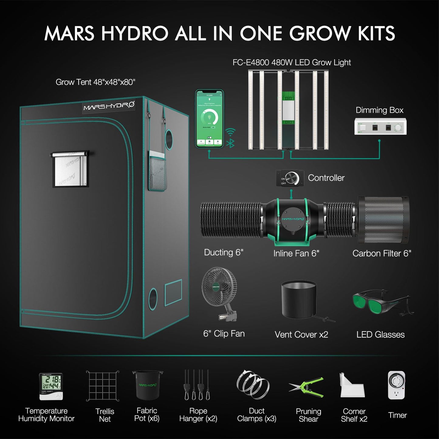 MARS HYDRO 4x4 Smart Grow Tent Kit Complete System,480W FC-E4800 APP WIFI Control Light 2646pcs LED,1680D High Reflective Mylar,with 6inch 32dB,402CFM Adjustable Ventilation Kit,10 Speed Grow Tent Fan