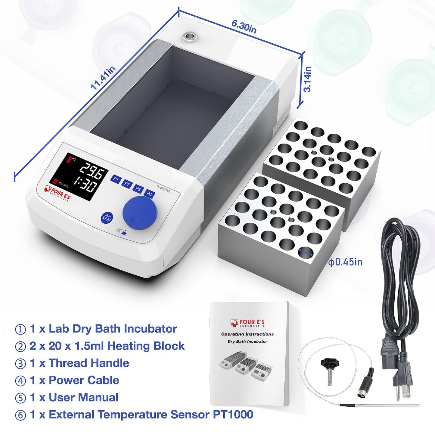 FOUR E'S SCIENTIFIC Digital Dry Bath Incubator with 20 x 1.5ml Heating Block & Temperature Sensor, Up to 302℉/150°C, LED Display, High Temperature Precision, Timing Control for Laboratory