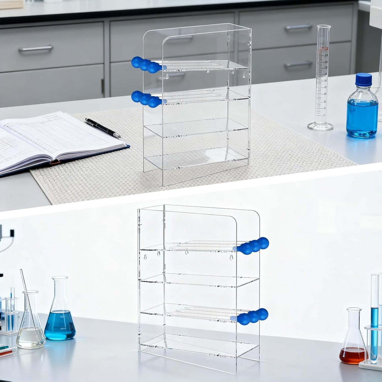FOUR E'S SCIENTIFIC Acrylic Pipette Rack, Clear Counter Top Wall Mounted Pipette Stand with 4 Compartment Lab Holder for Laboratory Office