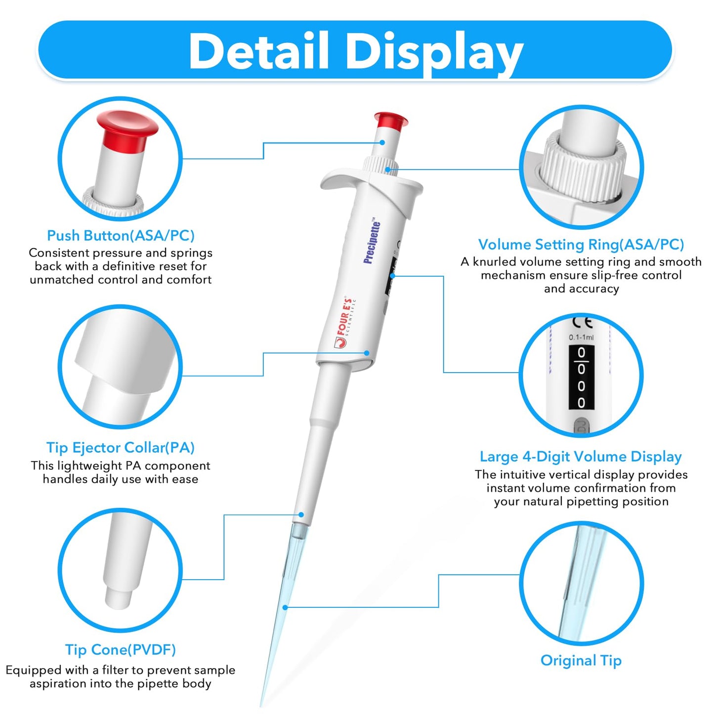 FOUR E'S SCIENTIFIC 20-200μL Pipette, Professional Single-Channel Pipettor Lightweight High Accurate Adjustable Variable Volume Micro Pipette with Calibration Certificate (Model LH0301006)
