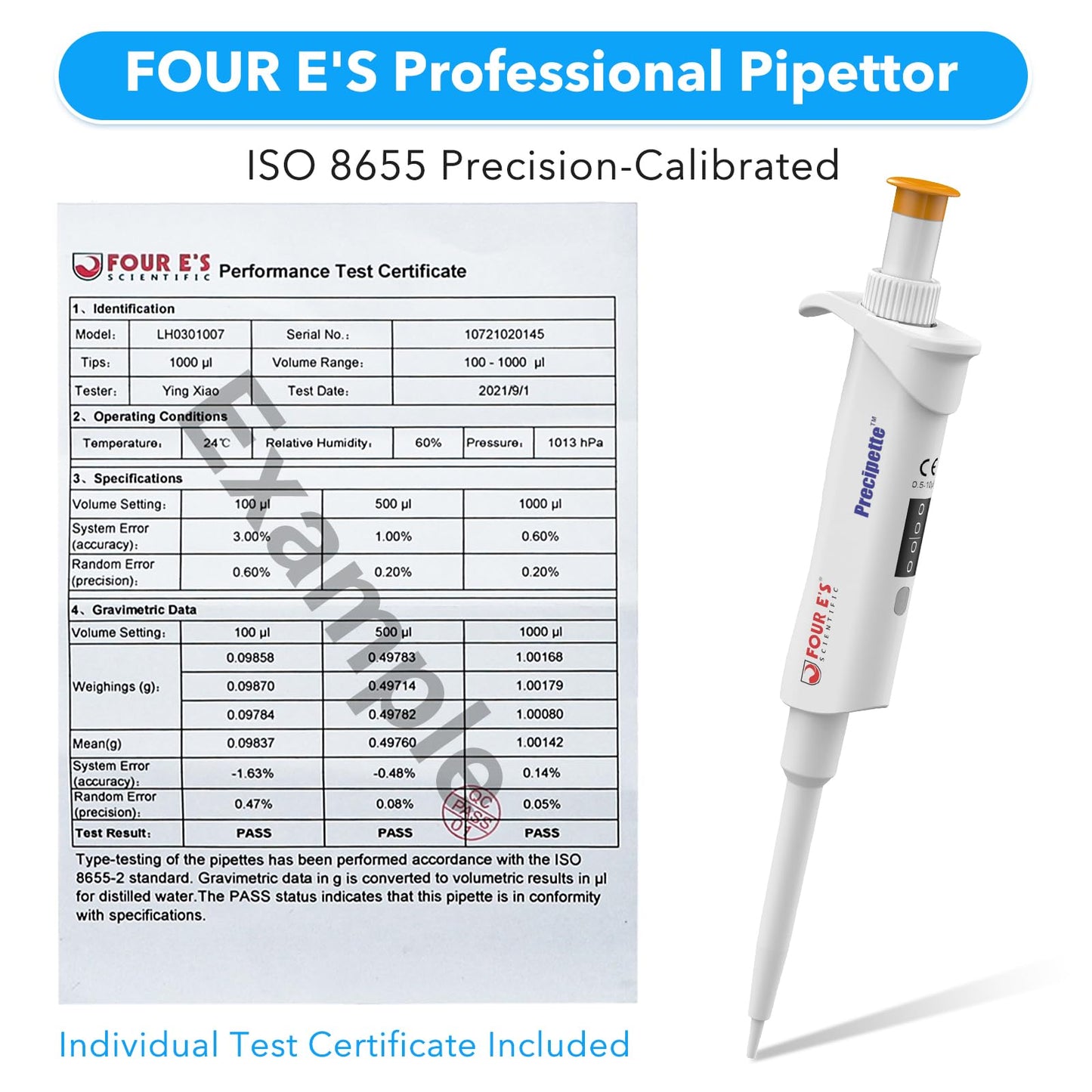 FOUR E'S SCIENTIFIC 20-200μL Pipette, Professional Single-Channel Pipettor Lightweight High Accurate Adjustable Variable Volume Micro Pipette with Calibration Certificate (Model LH0301006)