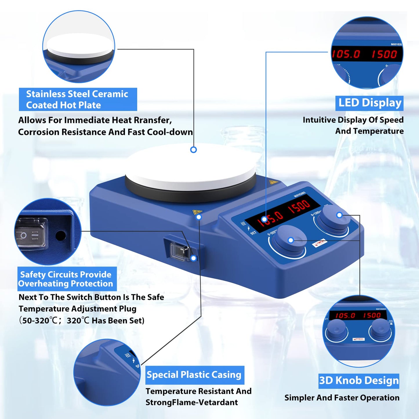 FOUR E'S SCIENTIFIC 5 Inch Magnetic Stirrer Hot Plate Max Temp 280℃/536°F | Max 5L Stirring Capacity | 100-1500RPM | 110V | Laboratory Hot Plate with Temp Probe Sensor & Stir Bar (Not Include Stand）