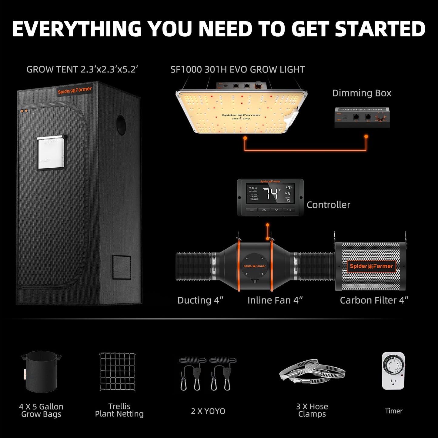 Spider Farmer Grow Tent Kit Complete 2x2x5ft SF1000D Samsung Diodes Full Spectrum Grow Tent Complete System 24"X24"X55" Indoor Grow Tent Kit 1680D Canvas with 4" Ventilation System & 6'' Clip Fan