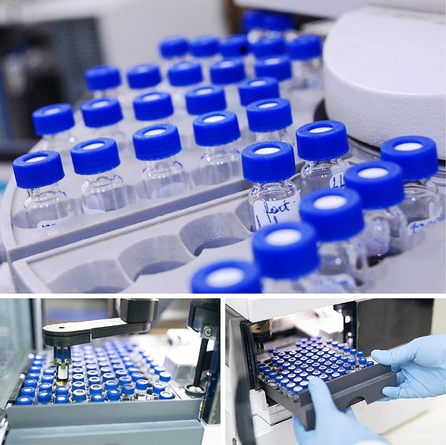 FOUR E'S SCIENTIFIC 2ml Autosampler Vials 1000 Pack - HPLC Vial | 9-425 Amber Vial with Blue Screw Caps | Writing Patch | Graduation | White PTFE & Red Silicone Septa Fit for LC Sampler