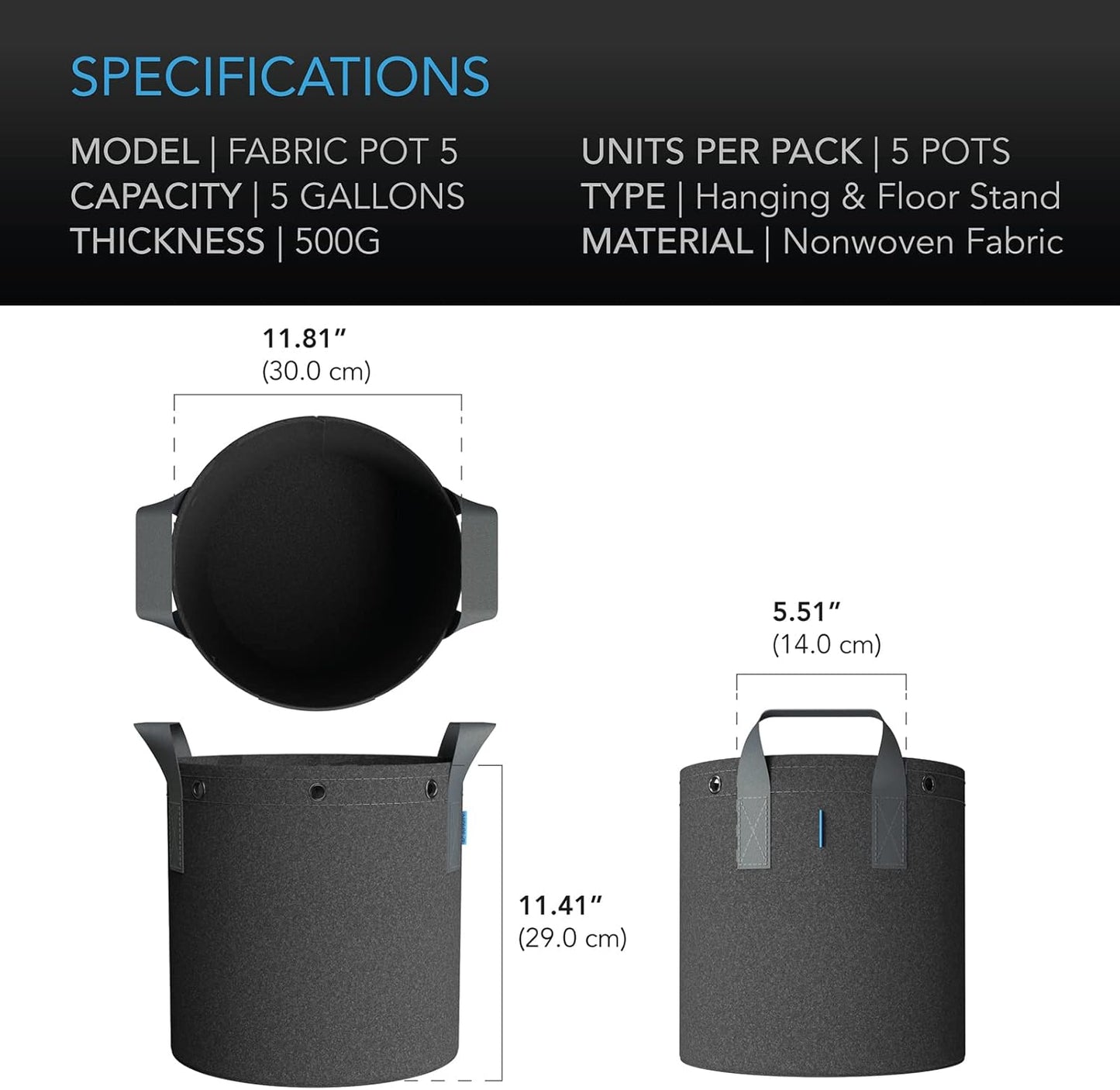 AC Infinity Heavy Duty Fabric Pots, 5 Gallon Aeration Reusable Grow Bags 5-Pack with 500G Thick Nonwoven Fabric and Multi-Purpose Rings, for Low Stress Plant Training Fruits, Vegetables, and Flowers