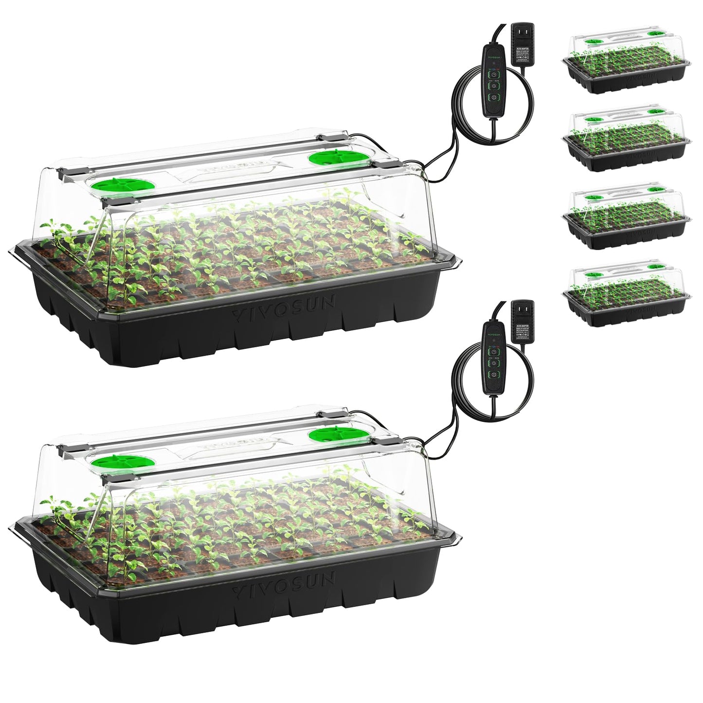 VIVOSUN 1-Pack 40-Cell Seed Starter Trays with 1 Set of LED Lights and 10"x20.75" Seedling Heat Mat, 3.6" Higher Cover, Adjustable Vents, Drainage Holes, Green Propagation Tray for Planting Seeds