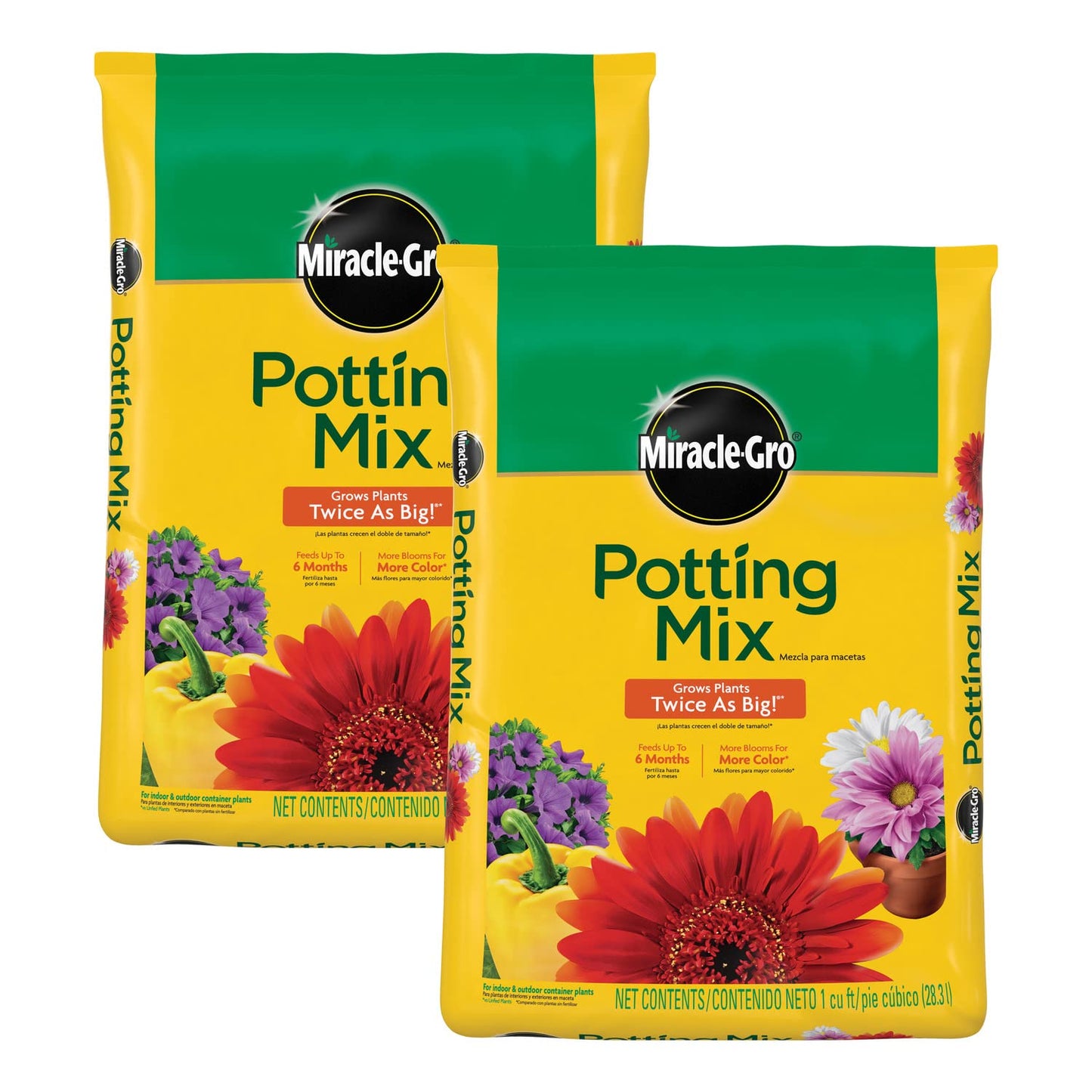Miracle-Gro Potting Mix, For Container Plants, Flowers, Vegetables, Annuals, Perennials, Shrubs, Feeds for up to 6 Months, 16. qt., 2-Pack