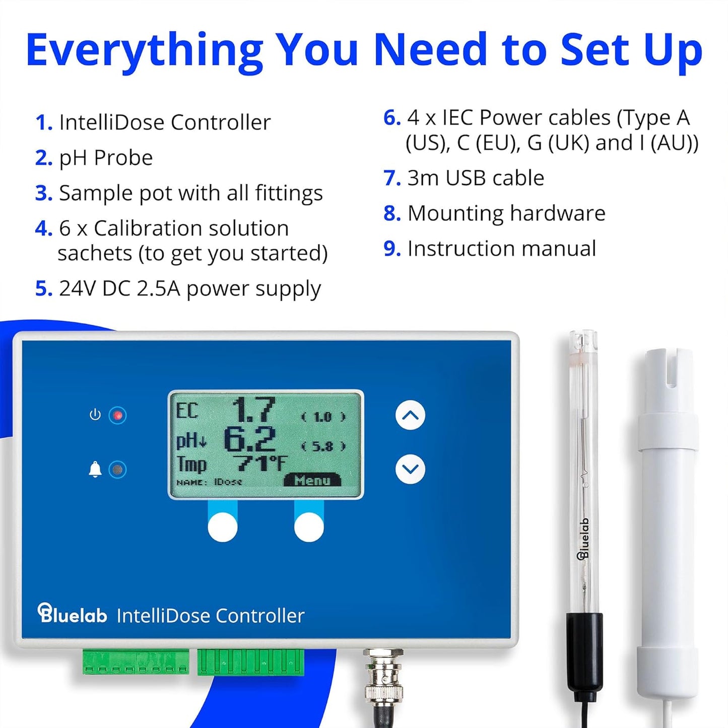 Bluelab IntelliDose Controller Kit Automated 24/7 Reservoir pH, EC, Temp Control with Wi-Fi, Multi-Nutrient Dosing, Replaceable Probes, Edenic Integration Advanced Hydroponic System Management