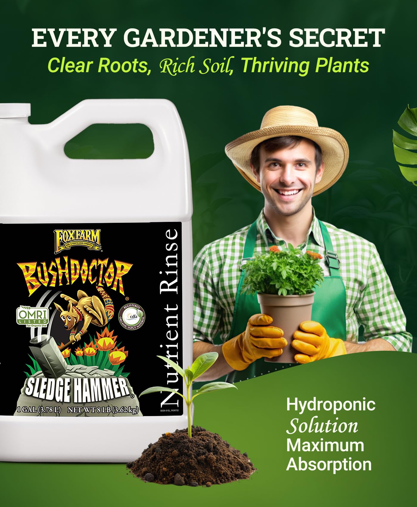 FoxFarm BushDoctor Sledgehammer - Rinse Formula with Yucca Saponin, Clears Fertilizer Buildup, Enhances Root Moisture Absorption - Perfect for Hydroponic and Soil Application (Quart)