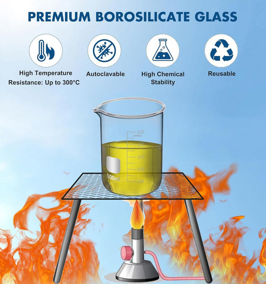FOUR E'S SCIENTIFIC Glass Beaker Set 50/100/250/500 ml, Glass Graduated Cylinder 5/10/25/50 ml, 2 Stirring Rods