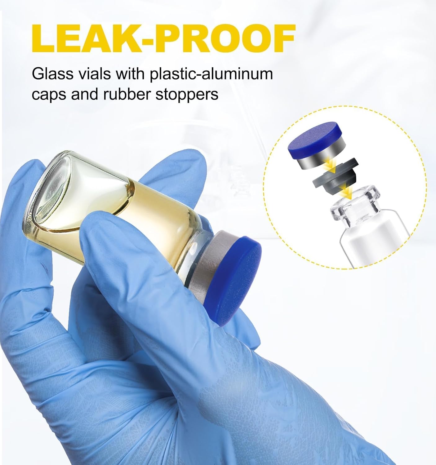 FOUR E'S SCIENTIFIC 10ml Glass Vials, 300 PCS Lab Headspace Vial with Rubber Stoppers and Plastic-Aluminum Flip Caps