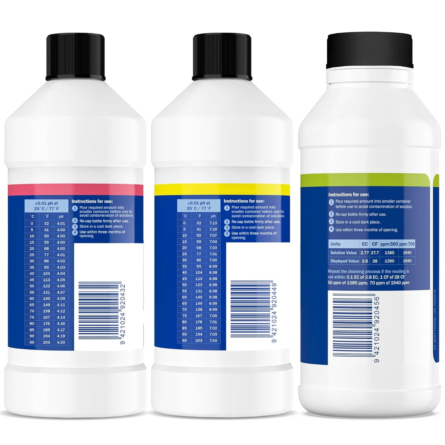 Bluelab Calibration Solution pH 4.0, 7.0 and 2.77 EC Conductivity Solution, 500 ml Each