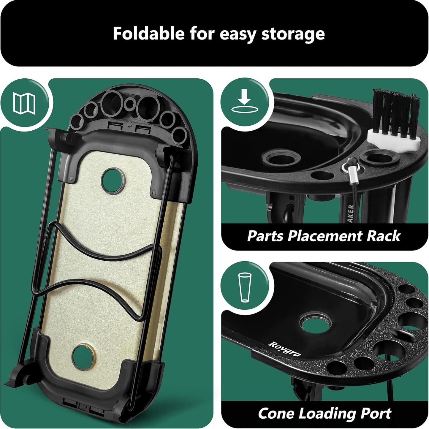 roygra Foldable Rolling Tray with Cone Loader for King or 1-1/4 Size Pre Rolled Cones - 9 x 4 inch (Black)