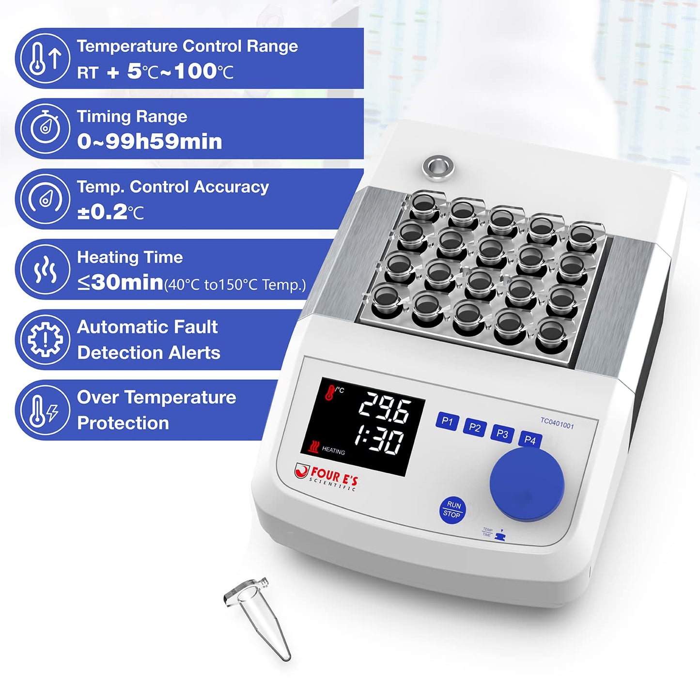 FOUR E'S SCIENTIFIC Digital Dry Bath Incubator with 20 x 1.5ml Heating Block & Temperature Sensor, Up to 302℉/150°C, LED Display, High Temperature Precision, Timing Control for Laboratory