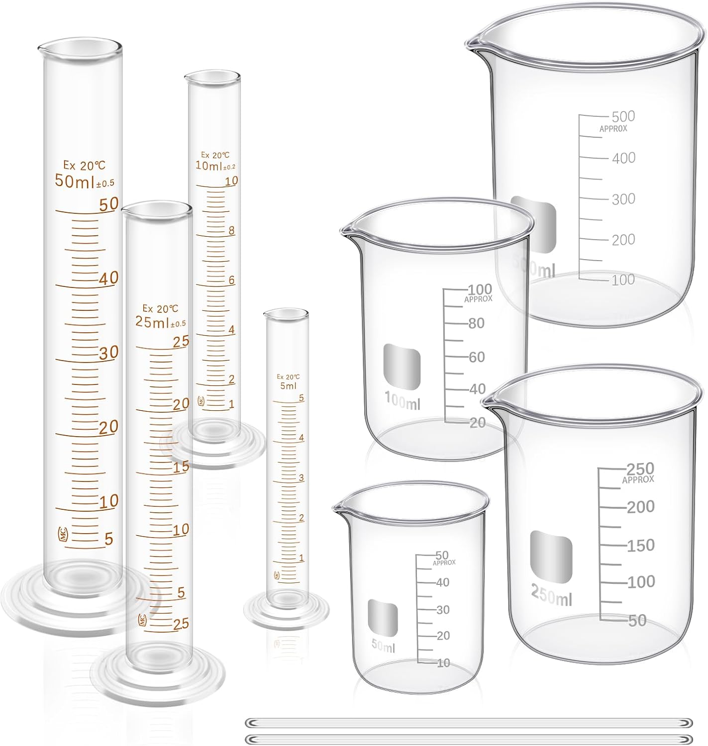 FOUR E'S SCIENTIFIC Glass Beaker Set 50/100/250/500 ml, Glass Graduated Cylinder 5/10/25/50 ml, 2 Stirring Rods