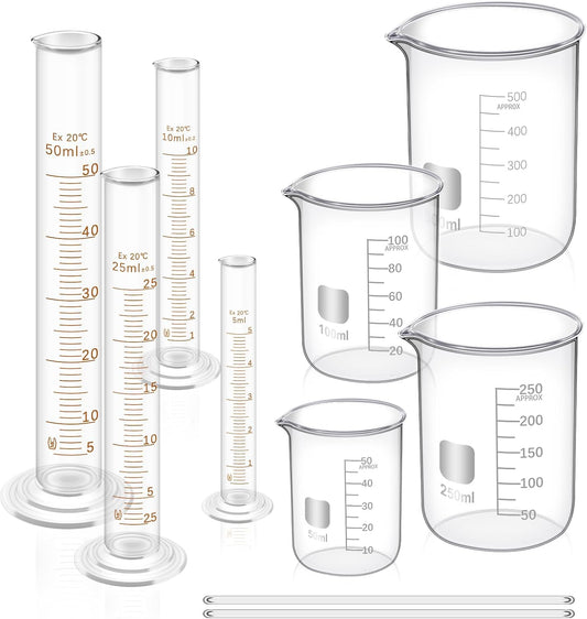FOUR E'S SCIENTIFIC Glass Beaker Set 50/100/250/500 ml, Glass Graduated Cylinder 5/10/25/50 ml, 2 Stirring Rods