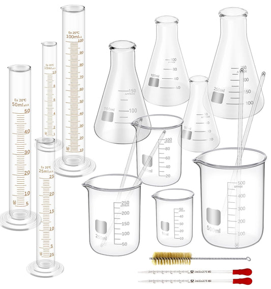 FOUR E'S SCIENTIFIC Glass Beaker Set 50/100/250/500 ml, Glass Flask 50/100/150/250 ml, Graduated Cylinder 10/25/50/100ml, 1 Brush, 2 Droppers, and 4 Stirring Rods