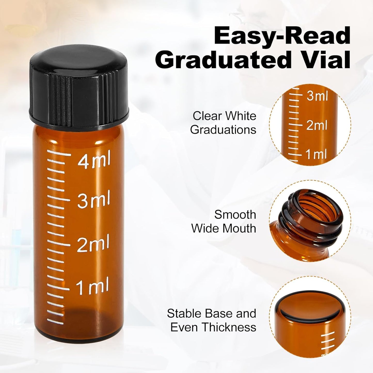 FOUR E'S SCIENTIFIC 100 Pack 4ml Glass Graduated Vials, 1 Dram Amber Small Sample Vials with Plastic Screw Caps Borosilicate Glass Sample Bottles for Liquid Powder Storage