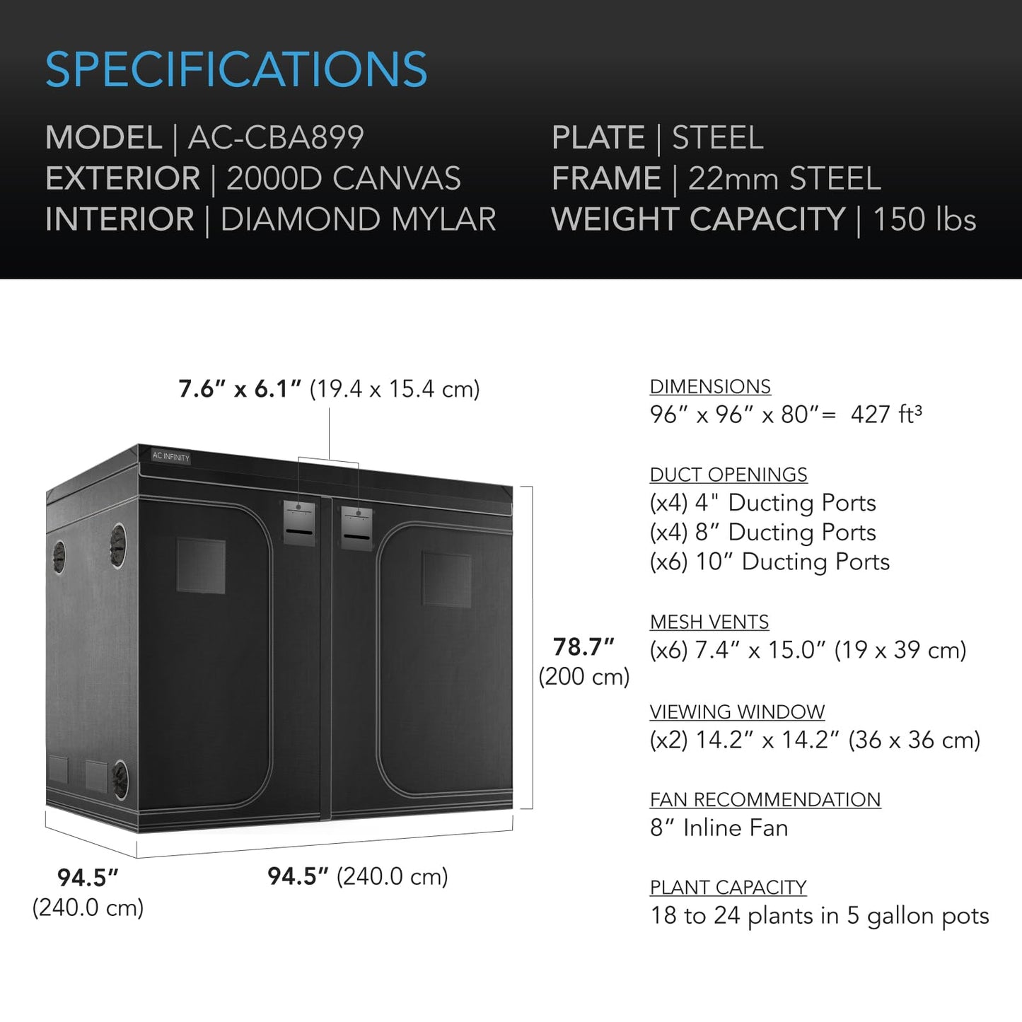 AC Infinity CLOUDLAB 816 Advance Grow Tent, 120"x60"x80" Thickest 1 in. Poles, Highest Density 2000D Diamond Mylar Canvas, 10x5 for Hydroponics Indoor Growing