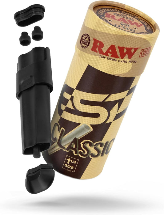 RAW Double Shot 2 Cone Filler + RAW 1 1/4 Pre Rolled Cones - 50 Pack