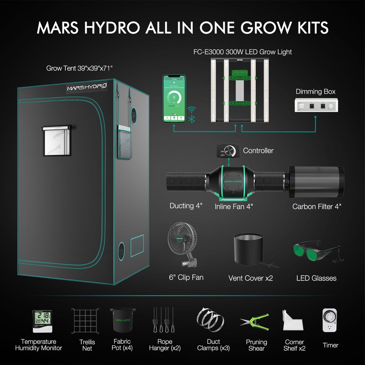 MARS HYDRO 4x4 Smart Grow Tent Kit Complete System,480W FC-E4800 APP WIFI Control Light 2646pcs LED,1680D High Reflective Mylar,with 6inch 32dB,402CFM Adjustable Ventilation Kit,10 Speed Grow Tent Fan