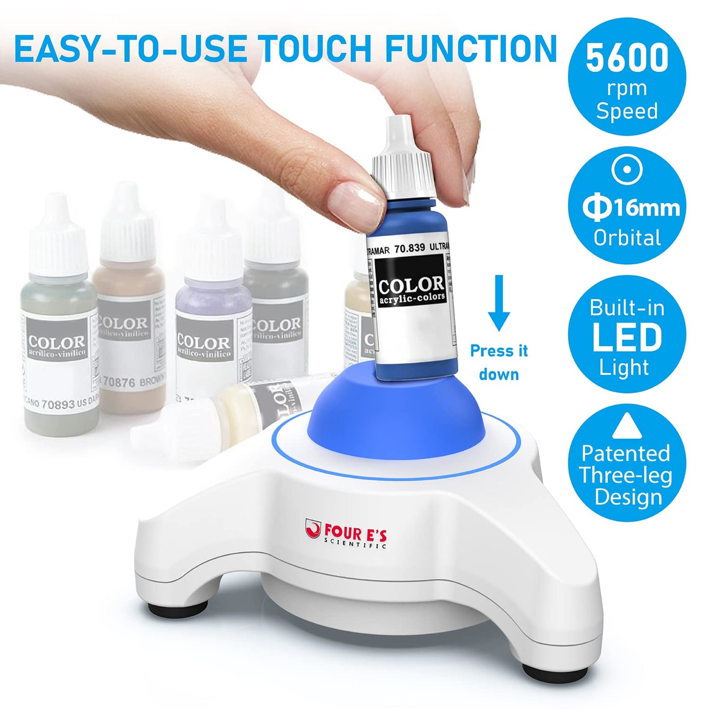 FOUR E'S SCIENTIFIC Vortex Mixer 5600rpm, Paint Mixer Touch Function, Mini Lab Vortex Shaker with an Extra Silicone Cap for Acrylic Miniature Model Paints Nail Polish Ink