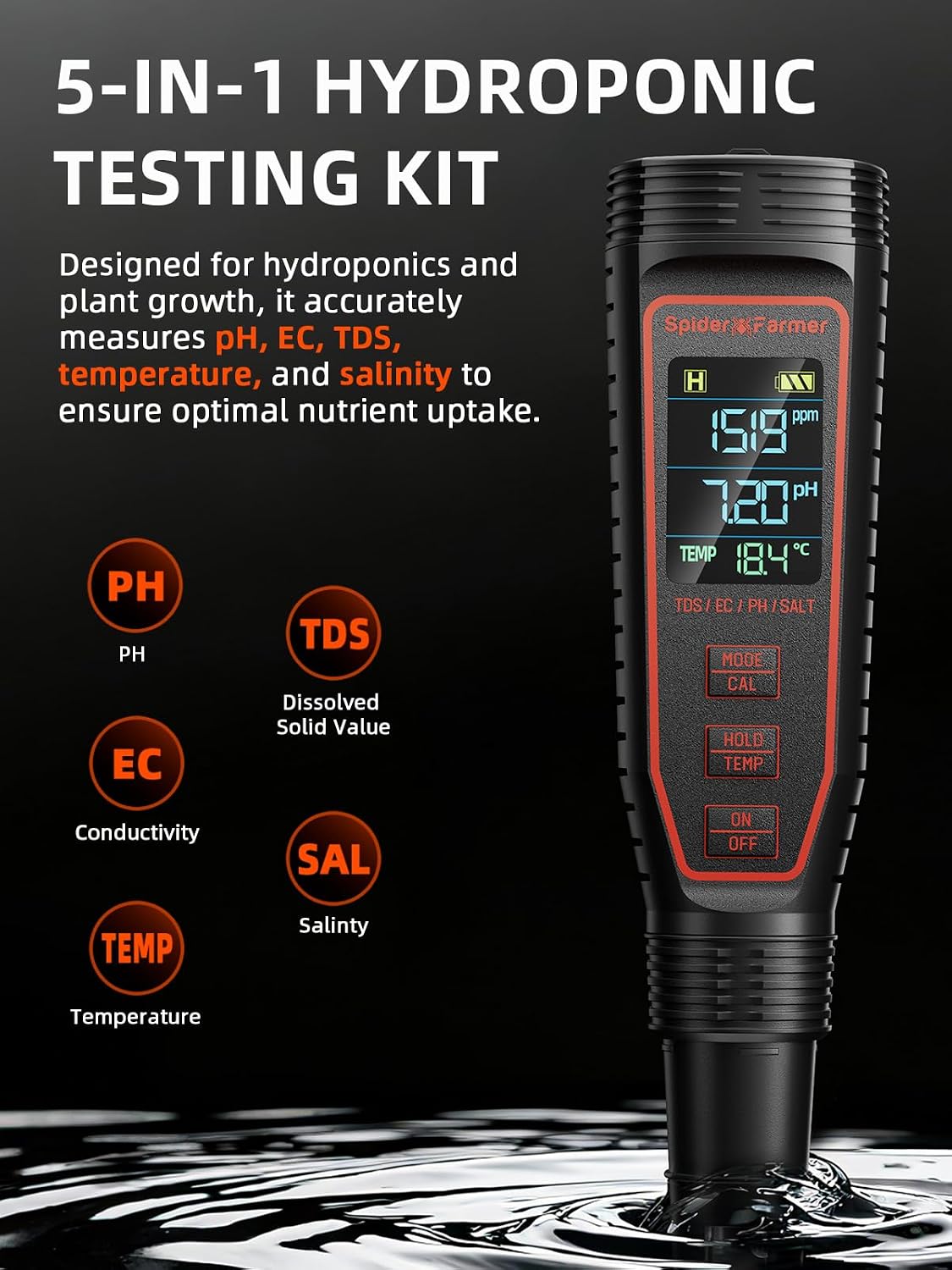 Spider Farmer 5-in-1 Digital pH Meter Kit Pen Tester for Water Hydroponics