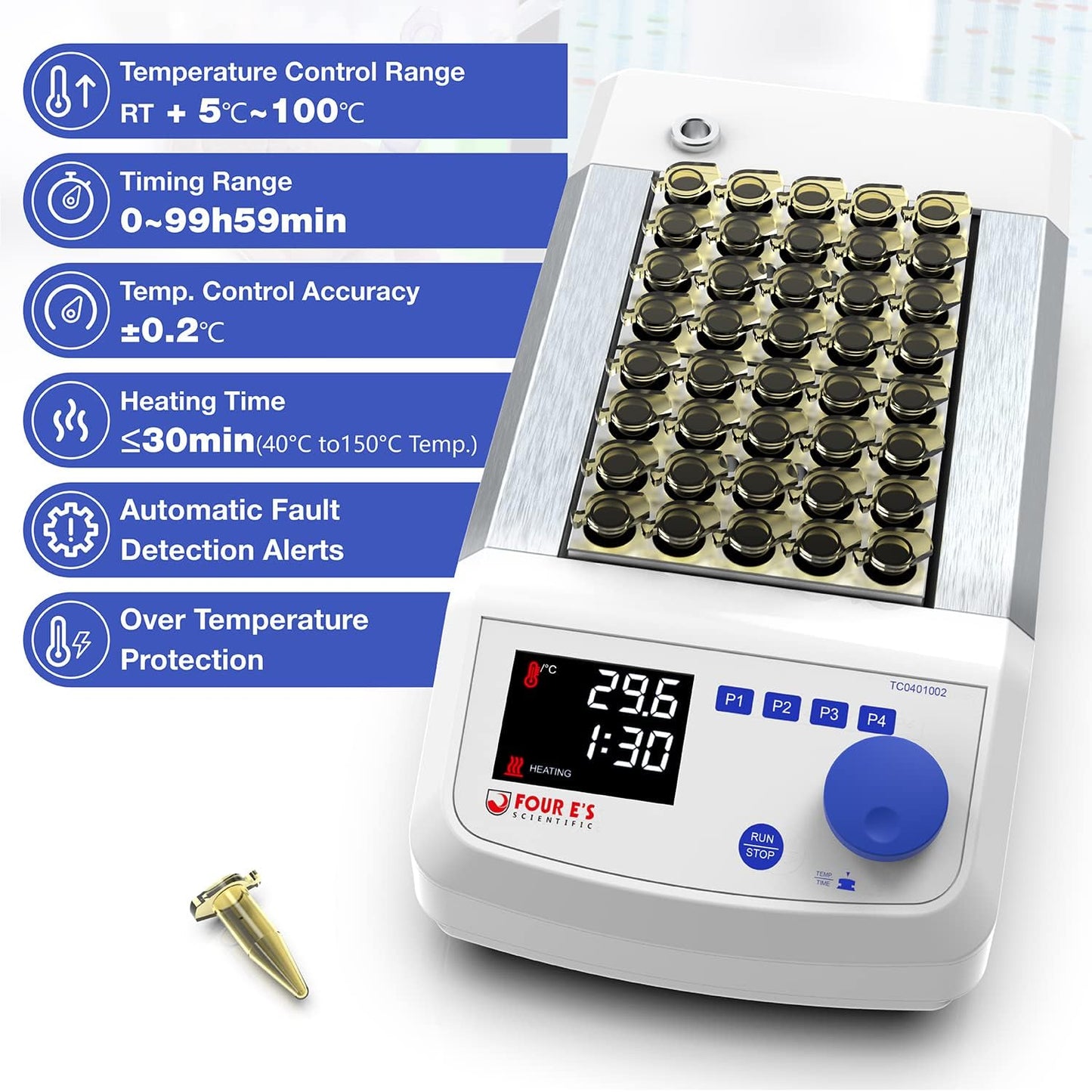 FOUR E'S SCIENTIFIC Digital Dry Bath Incubator with 20 x 1.5ml Heating Block & Temperature Sensor, Up to 302℉/150°C, LED Display, High Temperature Precision, Timing Control for Laboratory