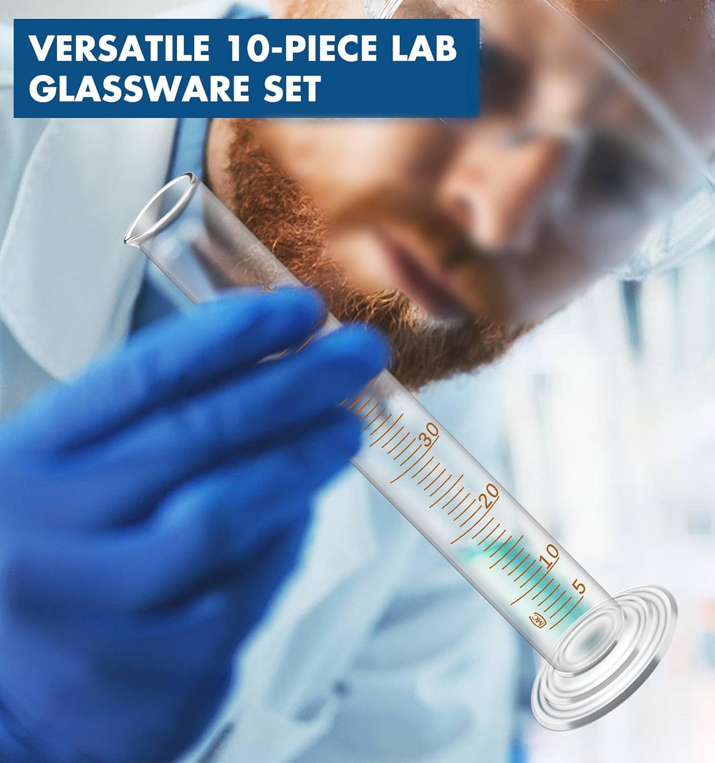 FOUR E'S SCIENTIFIC Glass Beaker Set 50/100/250/500 ml, Glass Graduated Cylinder 5/10/25/50 ml, 2 Stirring Rods