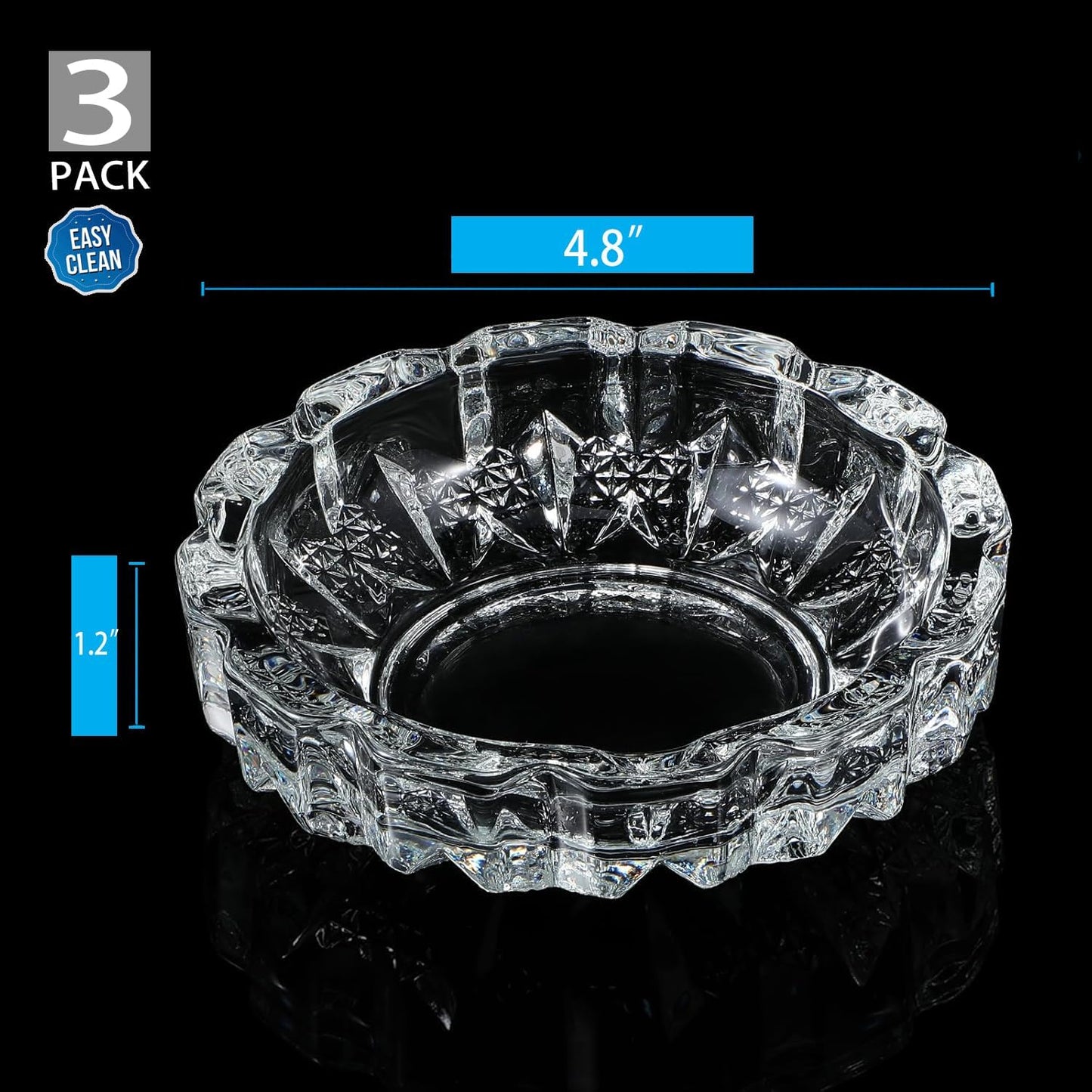 3 Pack Round Crystal Heavy Duty Glass Smoking Ashtray for Indoor and Outdoor Home Office Tabletop Decoration 4.8" Diameter, Set of 3