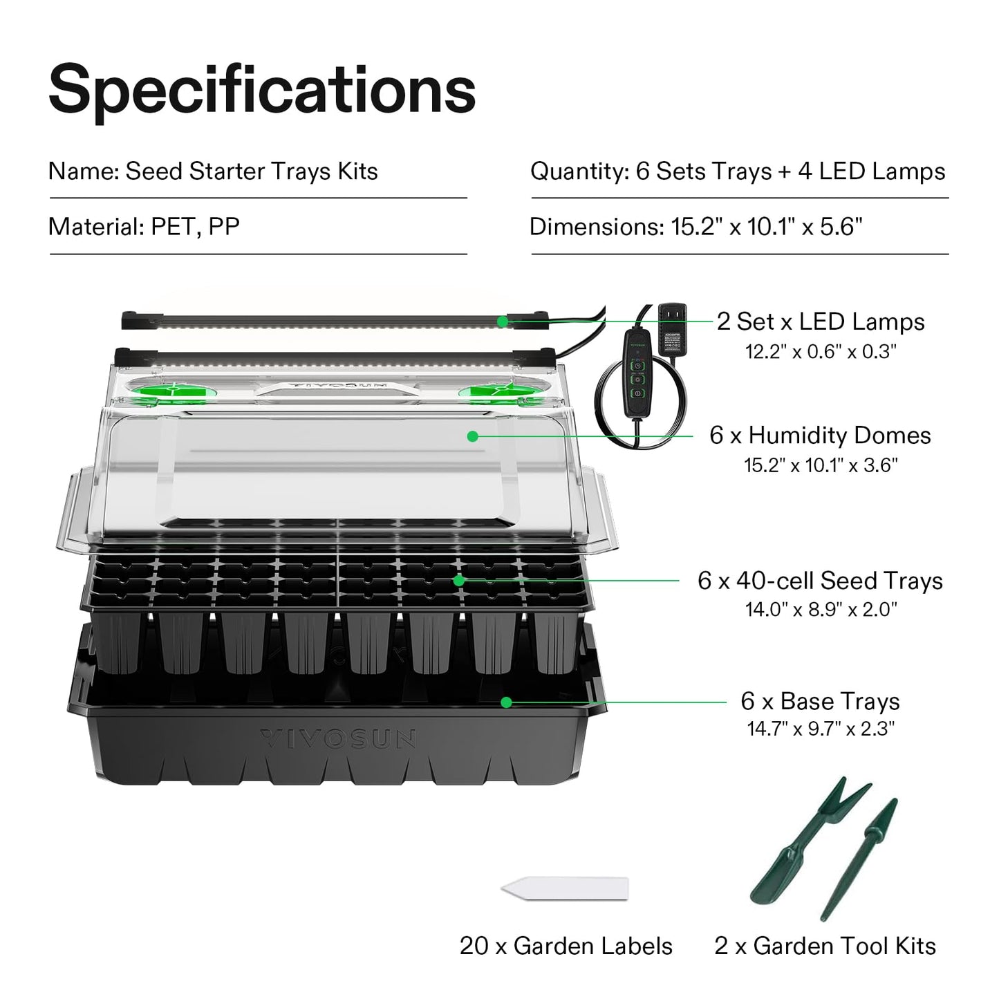 VIVOSUN 1-Pack 40-Cell Seed Starter Trays with 1 Set of LED Lights and 10"x20.75" Seedling Heat Mat, 3.6" Higher Cover, Adjustable Vents, Drainage Holes, Green Propagation Tray for Planting Seeds