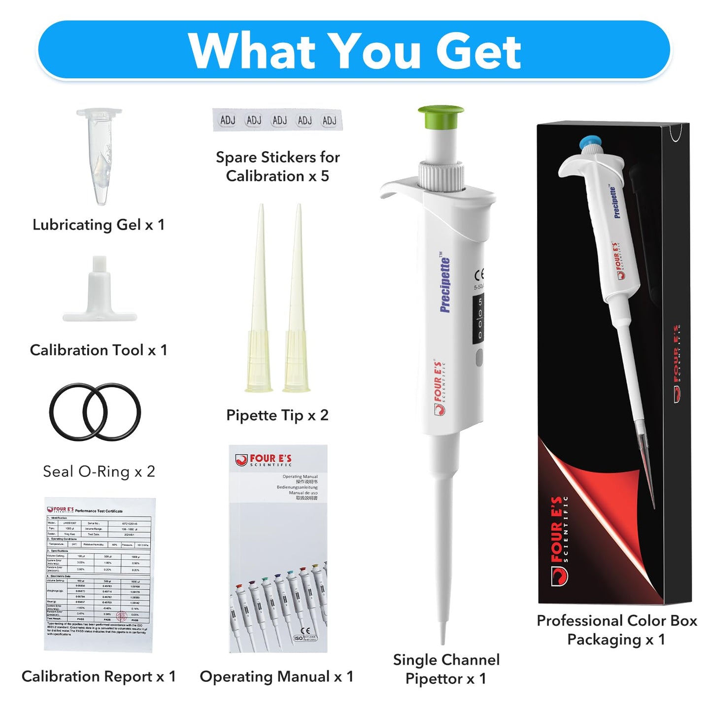 FOUR E'S SCIENTIFIC 20-200μL Pipette, Professional Single-Channel Pipettor Lightweight High Accurate Adjustable Variable Volume Micro Pipette with Calibration Certificate (Model LH0301006)