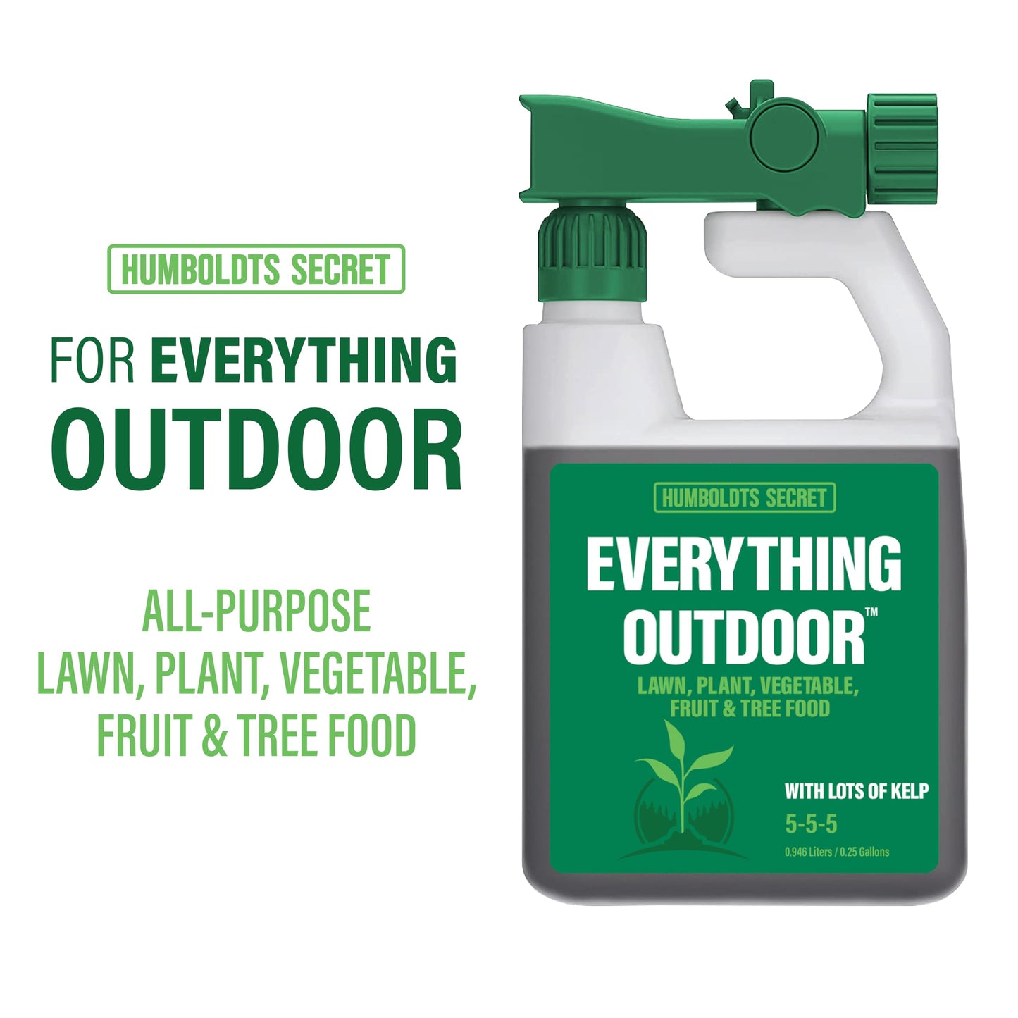 Humboldts Secret Everything Outdoor Plant Food | 5-5-5 Liquid Fertilizer with Norwegian Kelp | All Purpose Lawn, Vegetable & Fruit Food | Garden Nutrients | Refillable Hose End Bottle | 32 Ounce