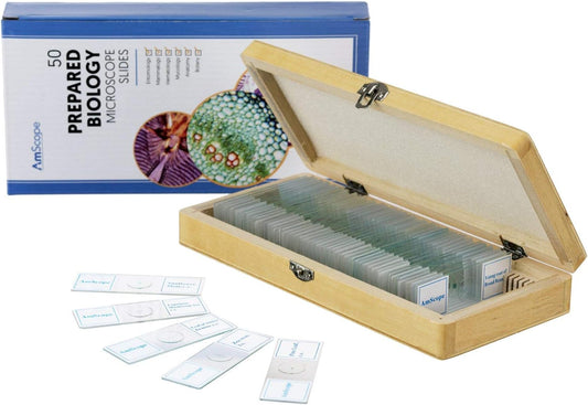 AmScope PS50 Prepared Microscope Slide Set for Basic Biological Science Education, 50 Slides, Includes Fitted Wooden Case