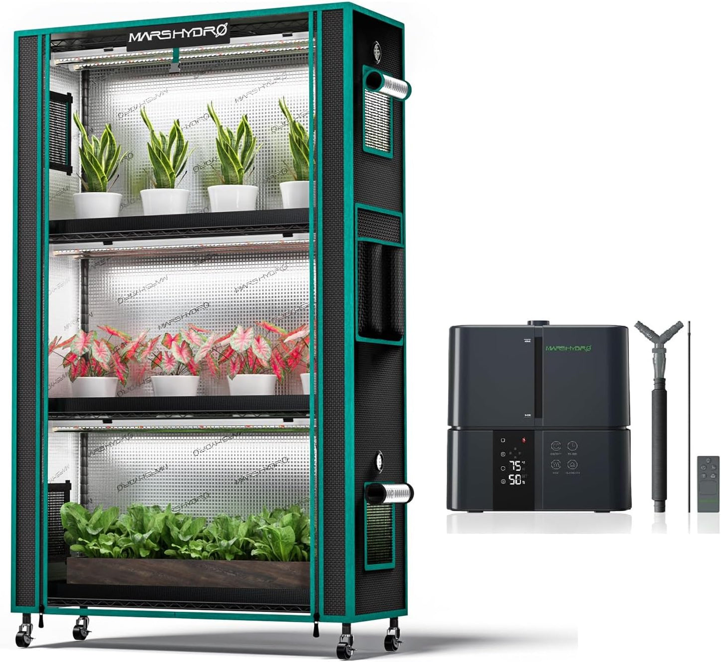 MARS HYDRO Humidifier 5L + MARS HYDRO 2025 Plant Stand with Grow Lights,4-Tier Shelf with 6 Full Spectrum LED Lamps (150W, 3ft) & Grow Tent | for Vegetables, Seedlings