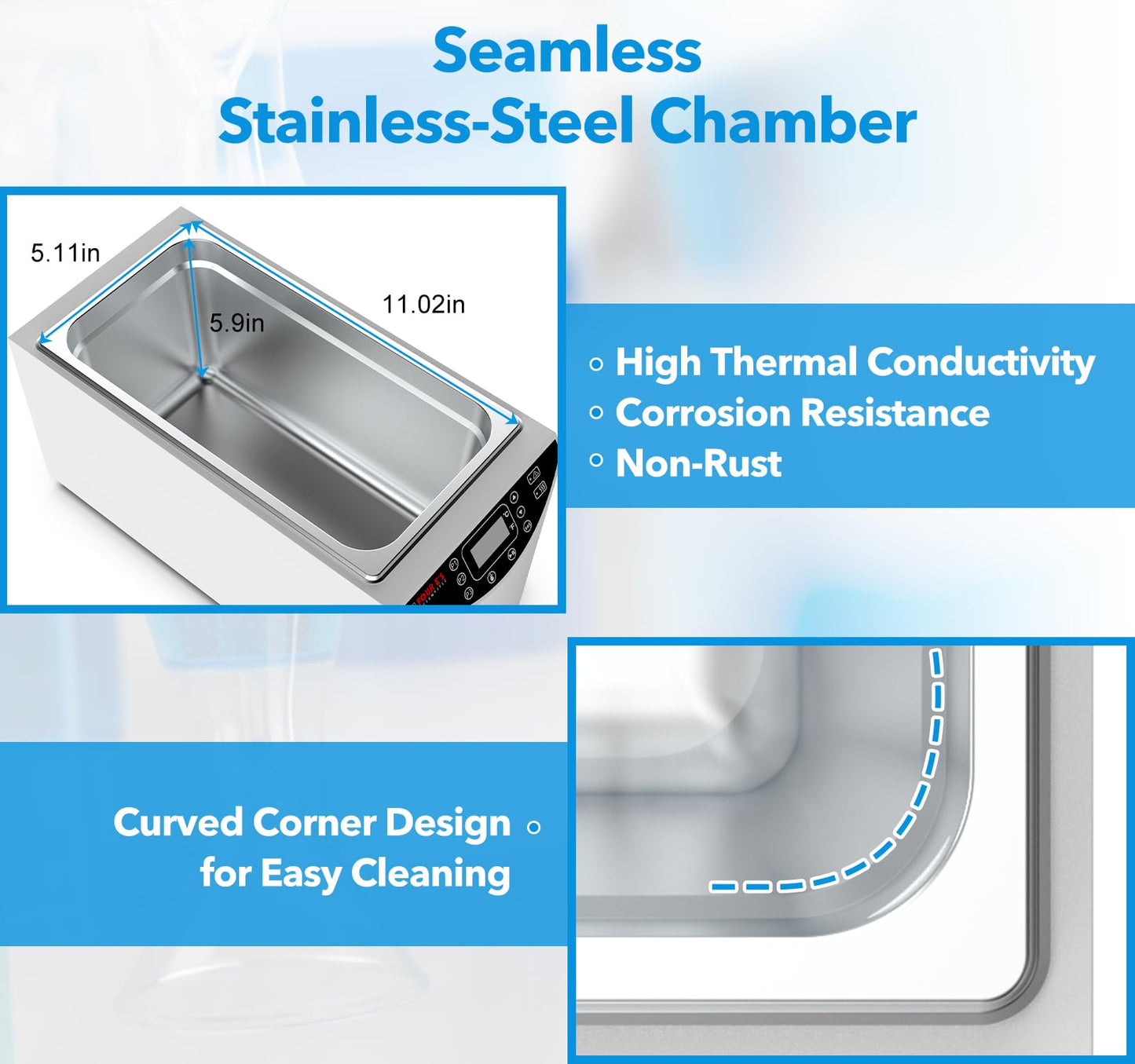 FOUR E'S SCIENTIFIC Lab Water Bath 5L, Digital Thermostatic Water Bath Heater, RT+5°C to 99°C, Precise Temperature Control, 2 Stainless Steel Chambers, LED Display
