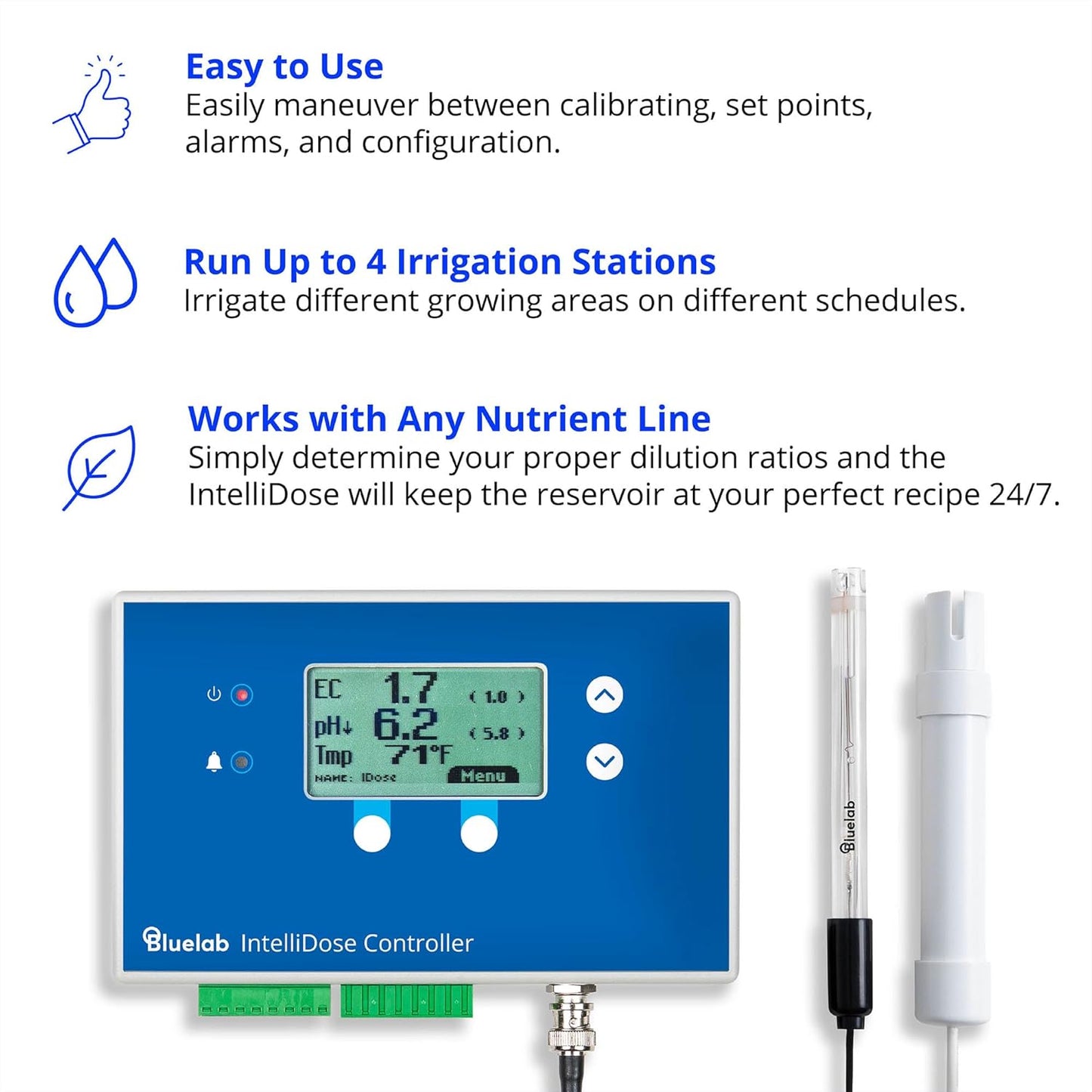 Bluelab IntelliDose Controller Kit Automated 24/7 Reservoir pH, EC, Temp Control with Wi-Fi, Multi-Nutrient Dosing, Replaceable Probes, Edenic Integration Advanced Hydroponic System Management