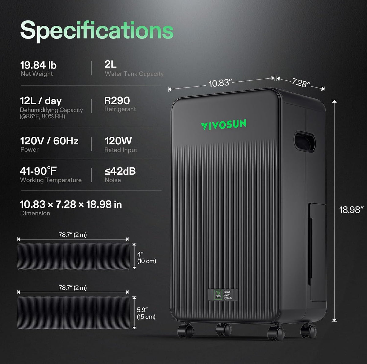 VIVOSUN AeroDrain D12 Smart Dehumidifier Up to 12L/day for Grow Tents