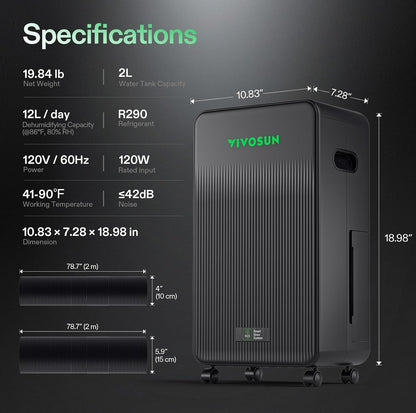 VIVOSUN AeroDrain D12 Smart Dehumidifier Up to 12L/day for Grow Tents