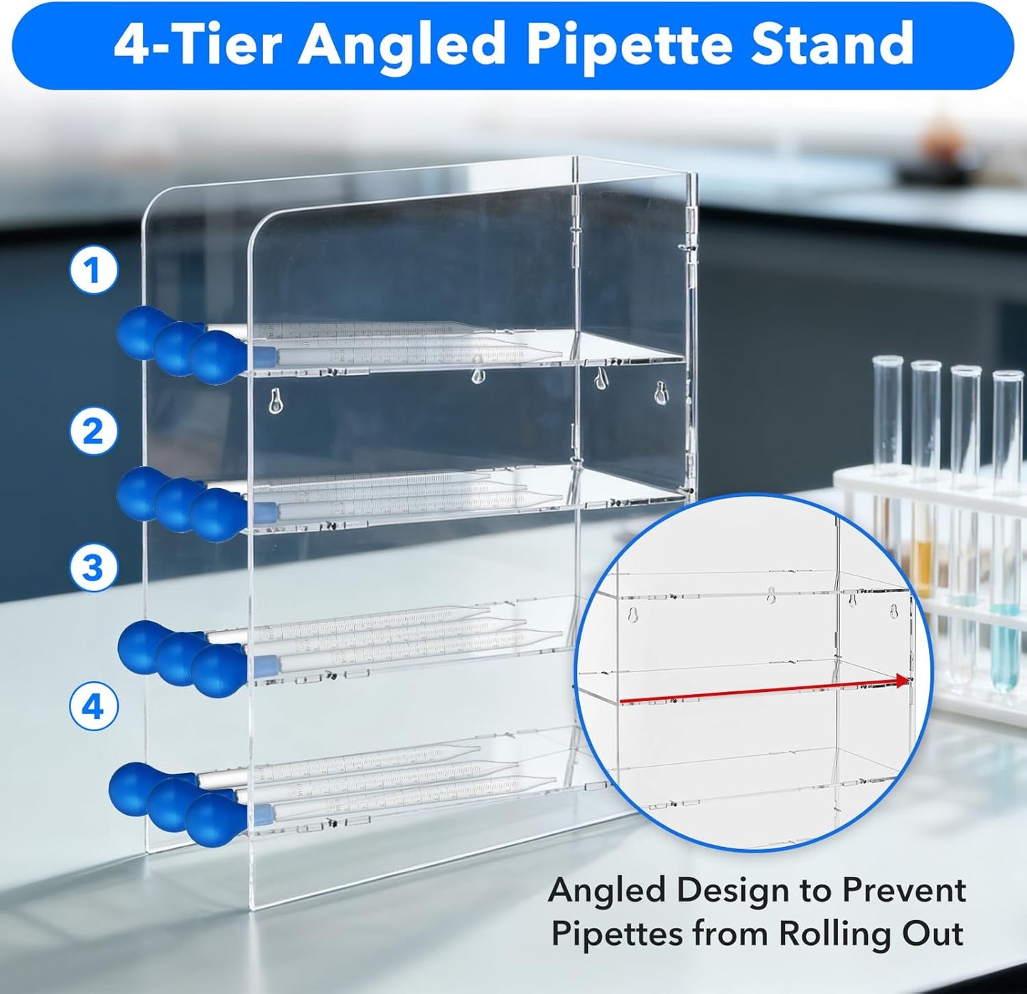 FOUR E'S SCIENTIFIC Acrylic Pipette Rack, Clear Counter Top Wall Mounted Pipette Stand with 4 Compartment Lab Holder for Laboratory Office