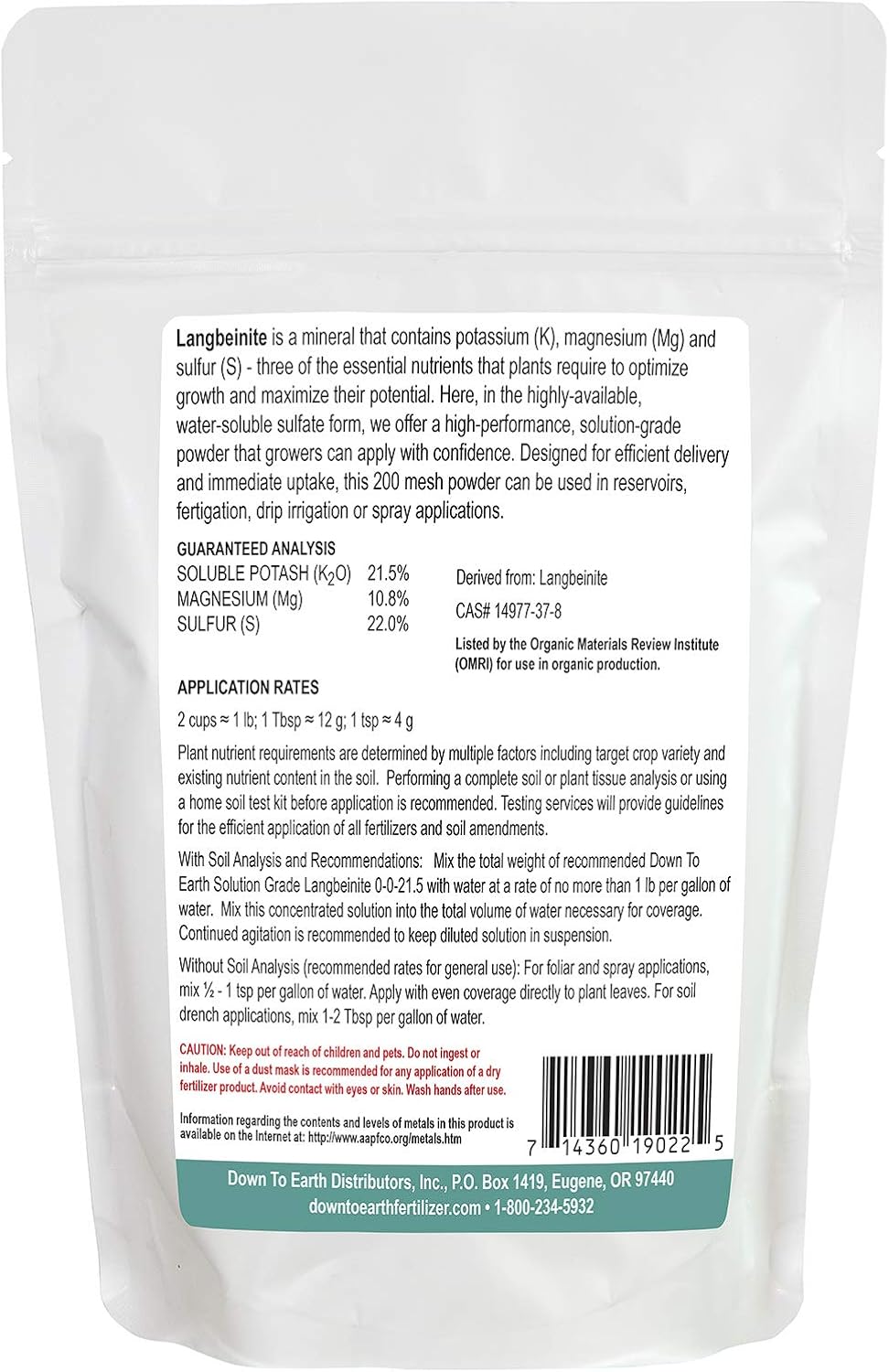 Down to Earth OMRI Organic Solution Grade Langbeinite 0-0-21.5, 1 lb