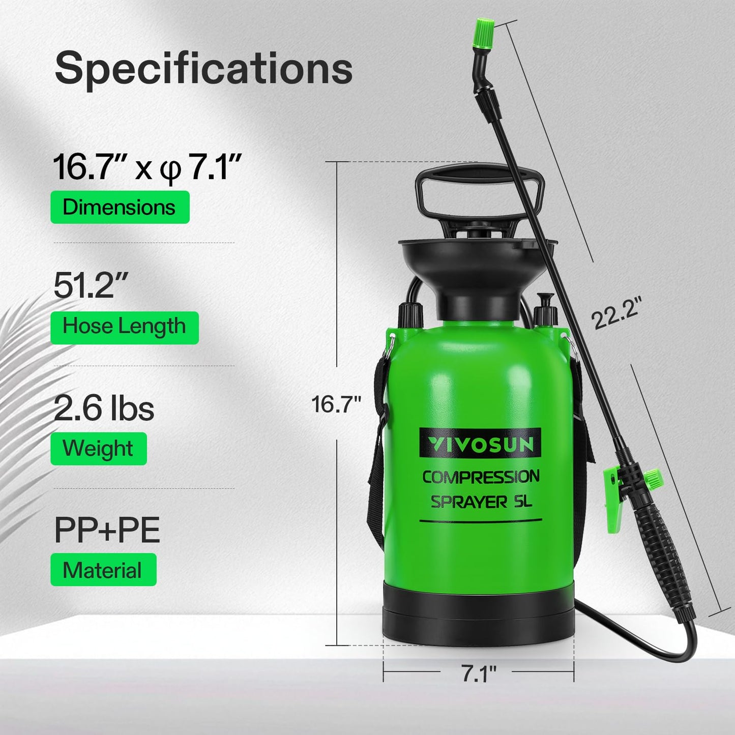 VIVOSUN 1.35-Gallon Pump Pressure Sprayer, Pressurized Lawn & Garden Water Spray Bottle with Adjustable Shoulder Strap, for Spraying Plants, Garden Watering and Household Cleaning