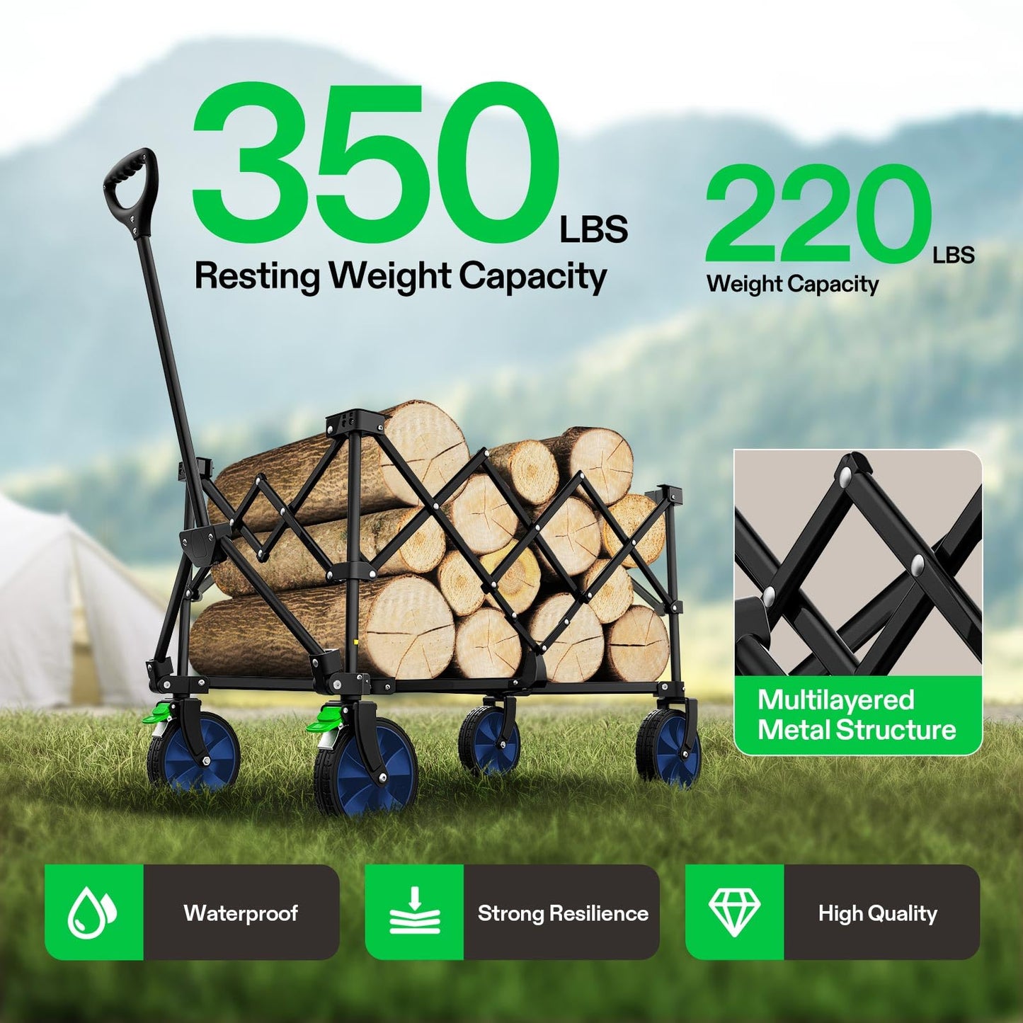 VIVOSUN Collapsible Folding Wagon, 350 lb Load-Bearing Outdoor Utility Cart with Silent Universal Wheels, Cup Holders &Side Pockets, Adjustable Handle, for Camping, Garden, Sports, Picnic, Shopping