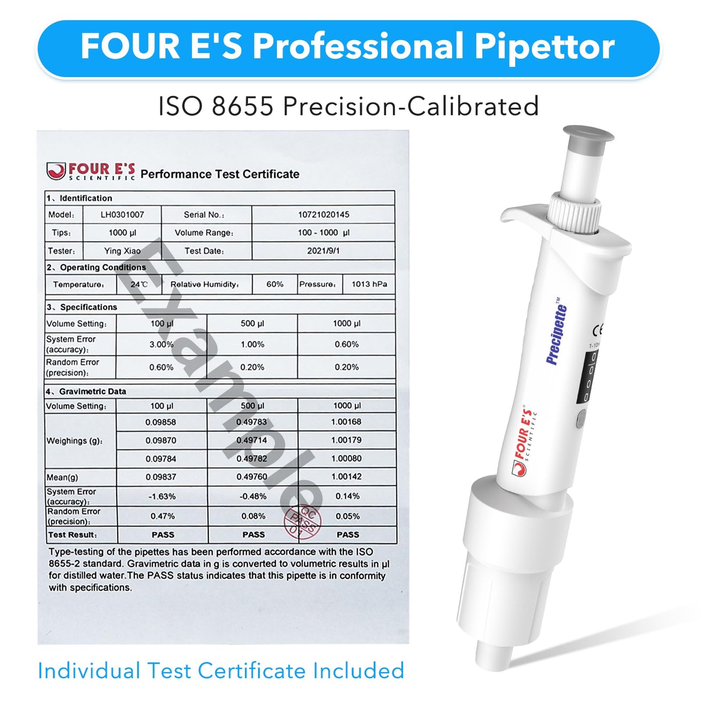 FOUR E'S SCIENTIFIC 20-200μL Pipette, Professional Single-Channel Pipettor Lightweight High Accurate Adjustable Variable Volume Micro Pipette with Calibration Certificate (Model LH0301006)