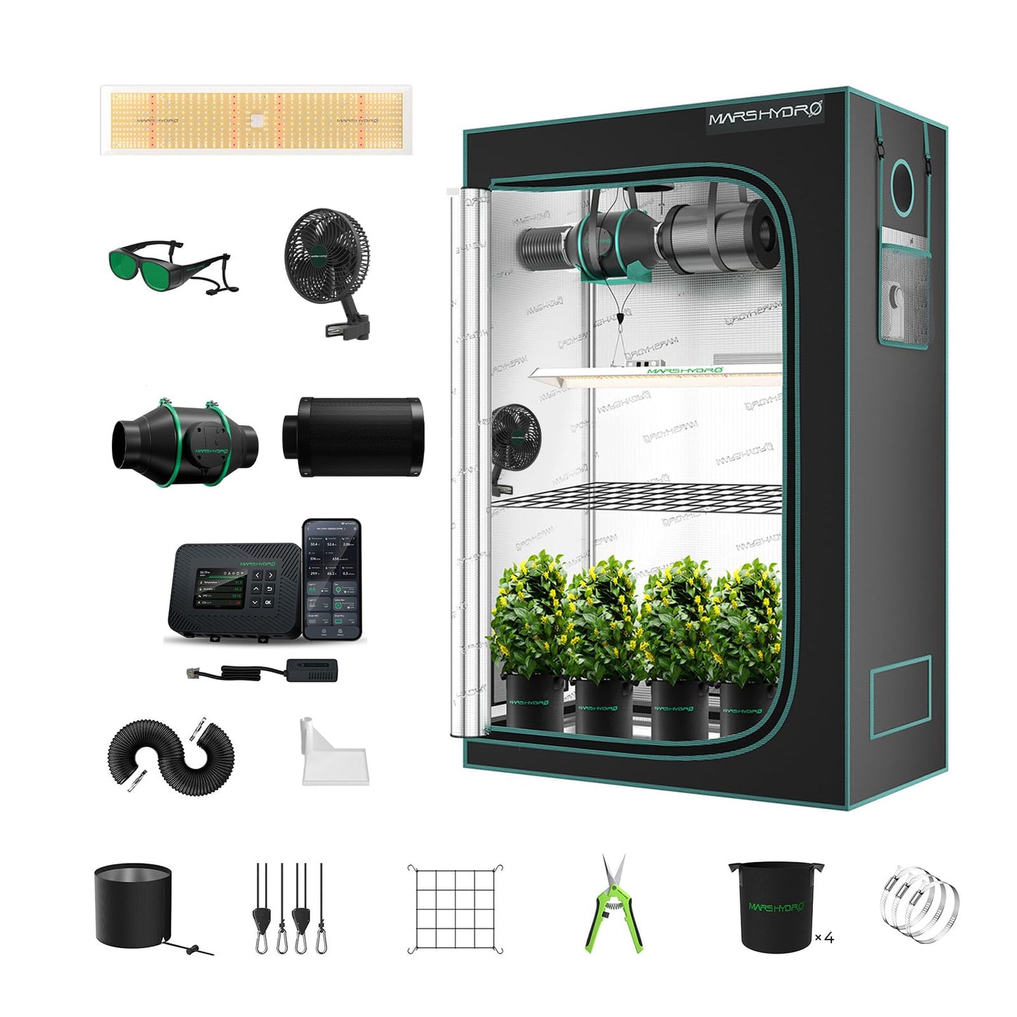 MARS HYDRO 3x3 Grow Tent Kit Complete System,150W TS1000 LED Dimmable Grow Light, 32"x32"x63" 1680D High Reflective Mylar Grow System with 4inch Smart WiFi Control Ventilation System,10 Speed Fan