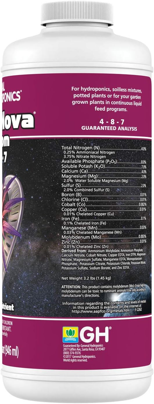 General Hydroponics FloraNova Grow 7-4-10, Robust Strength of Dry Fertilizer But in Rapid Liquid Form, Use for Hydroponics, Soilless Mixtures, Containers & Garden Grown Plants, 1-Quart