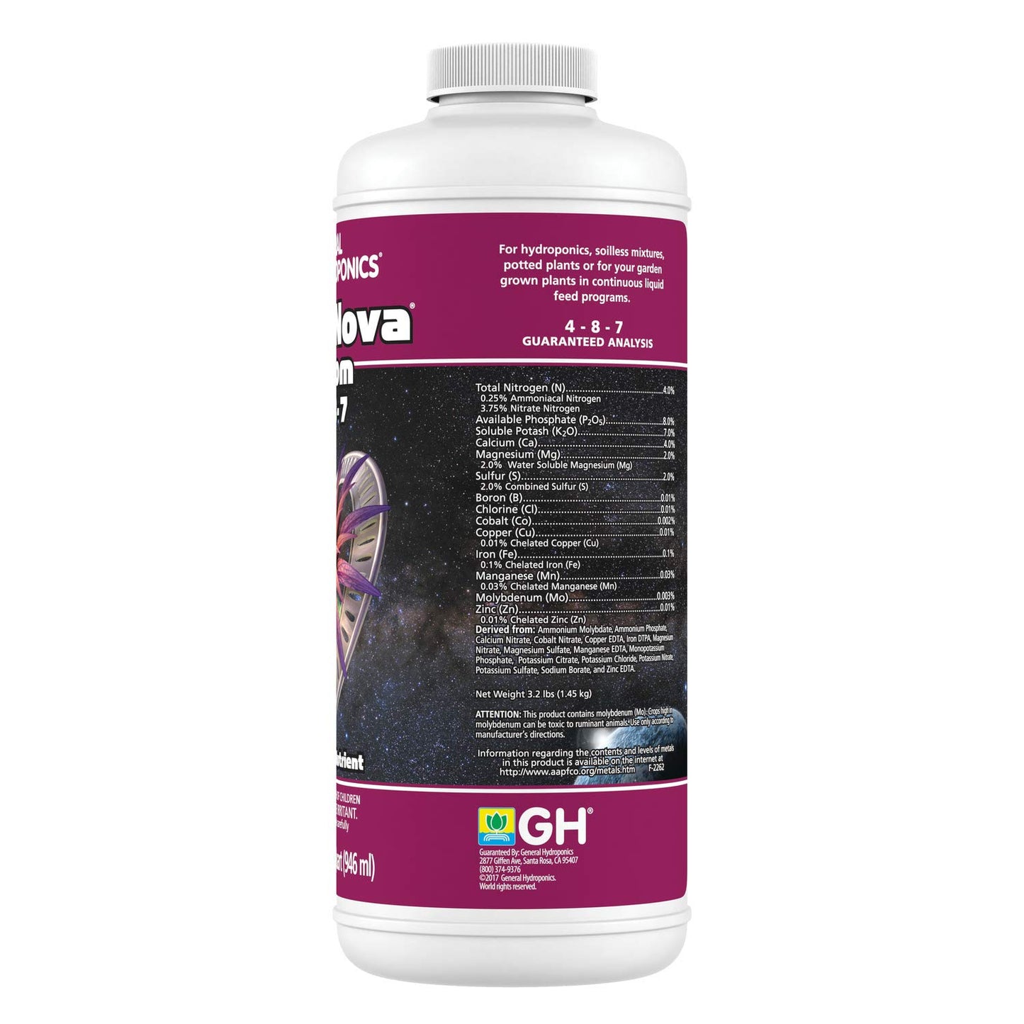 General Hydroponics HGC718807 FloraNova Grow 7-4-10, Robust Strength Of Dry Fertilizer But In Rapid Liquid Form Use For Hydroponics, Soilless Mixtures, Containers & Garden Grown Plants, 2.5-Gallon