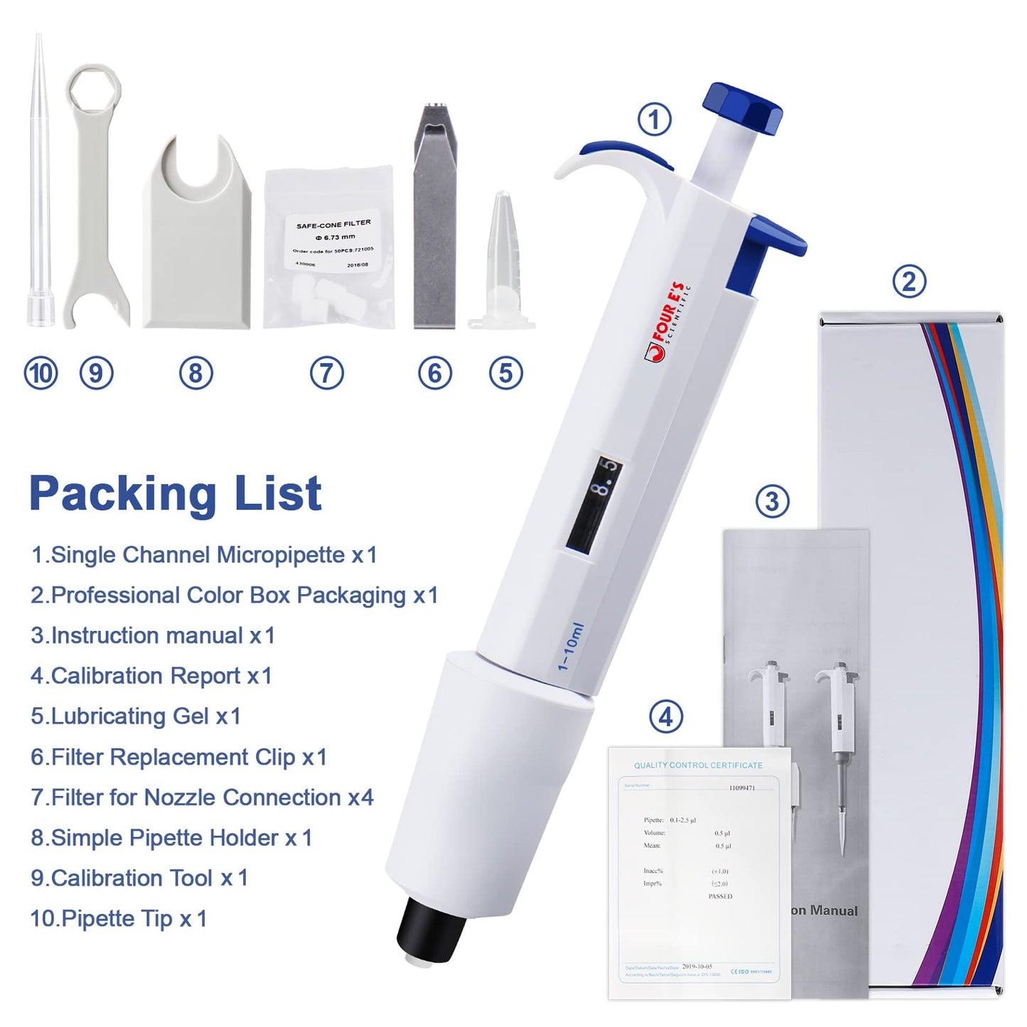 FOUR E'S SCIENTIFIC 1-10ML Single-Channel Pipettor Adjustable Variable Volume Micropipette High Accurate Pipettor for Laboratory