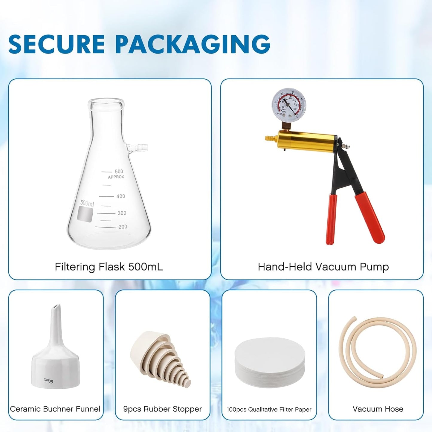 FOUR E'S SCIENTIFIC 500mL Buchner Funnel Filtering Kit with Hand-held Vacuum Pump, 500mL Lab Vacuum Flask, 100 Pcs Filter Paper, Rubber Stoppers Set